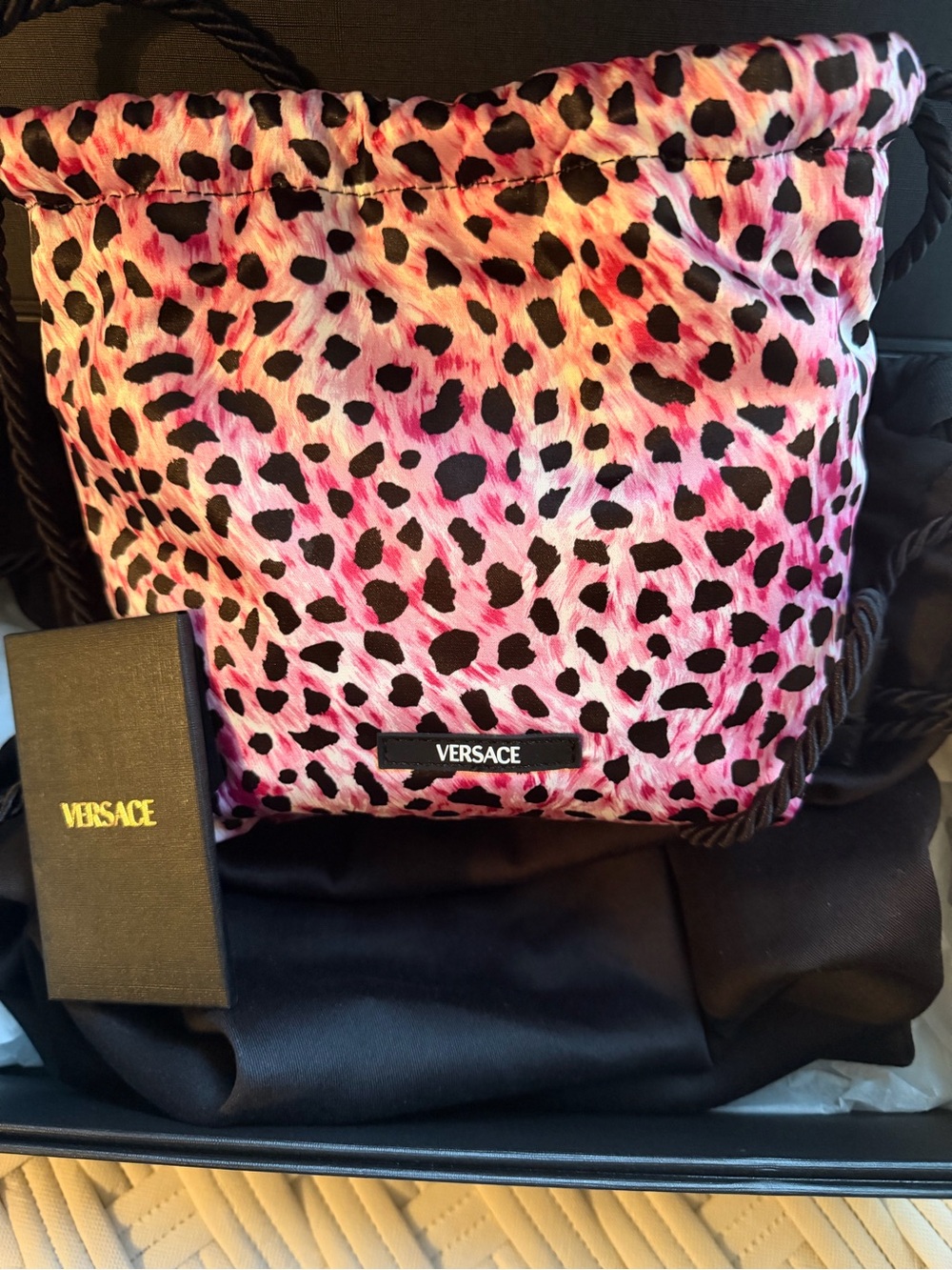 Versace La Vacanza Pink Leopard Print Drawstring Backpack Bag NWT